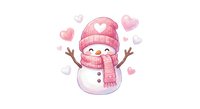 Cute snowman with pink knit hat and scarf surrounded by floating hearts on white background for Valentine's Day greeting cards and winter romance designs.