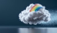Fluffy white cloud with vibrant rainbow emerging from misty particles against dark blue background, creating magical atmospheric scene for weather concepts.