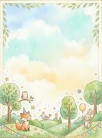 Whimsical woodland scene with fox, rabbit, owl, and bird among trees under soft pastel sky with clouds, featuring decorative leaf border and bunting, suitable for children's stationery, nursery decor, and greeting cards.