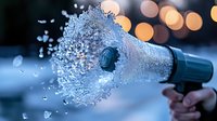Frozen water droplets create spectacular burst pattern around garden hose nozzle spray in winter with golden bokeh lights in background at dusk.
