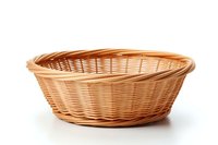 Empty round woven wicker basket made from natural rattan isolated on white background, suitable for bread, fruit or decorative storage display.