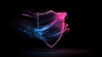 Glowing shield symbol with neon pink and blue particles effect on dark background, security and protection concept for technology designs.