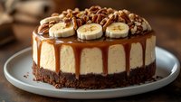 Decadent banana caramel cheesecake with chocolate crust, topped with fresh banana slices, dripping caramel sauce and chopped pecans on white plate.