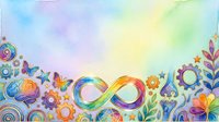 Colorful infinity symbol surrounded by decorative gears, flowers, and botanical elements on pastel watercolor background, suitable for wellness, creativity, and growth concepts.