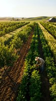 Farmer working in vineyard rows during golden hour sunset, agricultural landscape with rolling hills and organized grape cultivation for wine production.