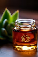 Glass jar with golden lotus symbol containing amber massage oil on wooden surface, green succulent leaves in soft focus background for spa concept.