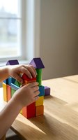 Young child's hands stacking colorful wooden building blocks on a table, creative play and early childhood development concept.