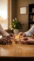 Business professionals collaborating with wooden blocks featuring icons on office desk. Teamwork concept for corporate strategy and planning meetings.