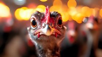 Close up portrait of curious guinea fowl head with red wattles and distinctive features against blurred warm bokeh background, showing detailed feathers and expressive eyes.