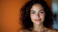 Young woman with natural curly dark hair and radiant smile against blurred background, expressing confidence and joy in casual portrait setting.