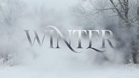 Winter text typography over a misty frozen landscape with snow-covered trees, creating a cold, atmospheric seasonal scene for holiday and seasonal design.