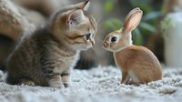 Curious striped kitten and brown bunny rabbit face to face in gentle encounter on soft textured ground, creating heartwarming animal friendship moment.