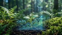 Sustainable business growth concept with financial charts and green forest background, representing eco-friendly investment and environmental responsibility in corporate strategy.