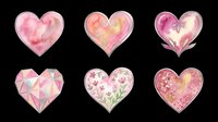 Six watercolor pink hearts with silver outlines, isolated on transparent background. Great for Valentine's Day clipart, stickers, t-shirt design, and print on demand.