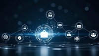 Cloud computing network with security icons and digital connections on dark blue technology background for business data storage solutions.