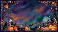 Spooky autumn night scene with haunted house, jack-o-lanterns, black cats, ghosts, and magical sky with stars. Perfect for seasonal designs and Halloween projects.