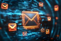 Glowing orange email icons floating in digital cyberspace with binary code background and dynamic motion blur effect, representing electronic communication.