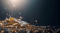 Luxurious gold liquid splash with droplets and sparkles on dark background, dramatic lighting creates elegant atmosphere for luxury product photography.