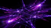 Glowing purple and violet light streaks intersect across dark background, creating dynamic network of connected nodes and energy lines for technology, data, and digital concepts.