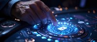 Futuristic cybersecurity interface with glowing lock icon and human hand touching digital screen, representing data protection and network security in dark blue tones.