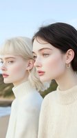 Two young women with different hairstyles wearing neutral sweaters looking in same direction outdoors in natural light for lifestyle photography.