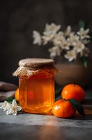 Golden honey jar with burlap lid surrounded by fresh oranges and white jasmine flowers on rustic wooden surface creating warm natural food styling composition.