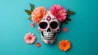 Decorated sugar skull with pink and orange gerbera daisies on turquoise background, traditional Mexican Day of Dead celebration art piece for festive designs.