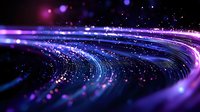Glowing curved light trails with sparkling particles in dark space, featuring vibrant purple and blue neon colors creating dynamic motion effect.