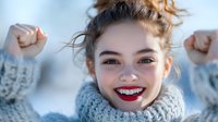 Young Caucasian woman with bright red lipstick and radiant smile wearing cozy knit scarf, expressing joy and happiness on winter day with wind blowing through hair.