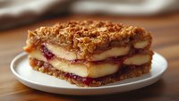 Layered dessert with vanilla custard and berry jam between crispy streusel crumbs served on white plate, close up view on wooden table background.