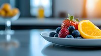 Fresh mixed berries and orange slices arranged on gray ceramic plate, selective focus with blurred kitchen background in warm morning light.