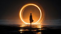 Silhouette of person standing in front of glowing circular light trail on beach at sunset, creating dramatic spiritual atmosphere.