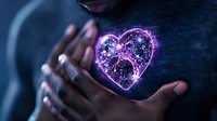 Magical glowing purple heart floating between African American woman's hands against dark background, mystical energy and sparkles creating romantic atmosphere.