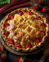 Fresh strawberry rhubarb pie with golden lattice crust and sugar crystals on top, surrounded by bright red strawberries on rustic wooden board.