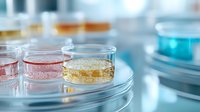Laboratory petri dishes with colorful bacterial cultures and growth media in scientific research setting, showing pink, yellow and blue specimens for microbiology studies.