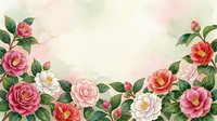 Watercolor camellia flowers frame with pink, red and white blooms on soft pastel background, copy space for greeting card or invitation.
