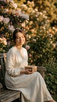 Young Caucasian woman in white linen dress sitting on wooden bench holding gift box in blooming garden during golden hour sunset light for lifestyle content.
