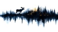 Majestic moose silhouette standing on forested hillside with pine trees reflected in calm lake water creating serene wilderness landscape scene.
