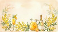 Watercolor mimosa bar scene with champagne bottle, pitcher, and flute surrounded by yellow mimosa flowers on soft beige background.