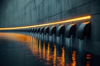 Orange LED light strip reflecting on wet surface along dark concrete wall creates dramatic perspective with water reflections and moody atmosphere.