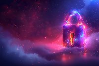 Glowing padlock with keyhole emitting magical purple and blue light against cosmic nebula background, representing digital security and data protection.