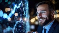 Young professional businessman with beard smiling at digital network visualization with glowing data points and bokeh lights in modern technology environment.