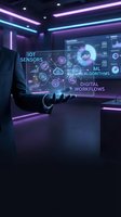 Businessman presenting holographic interface with IoT sensors, ML algorithms and digital workflows in futuristic office with neon lighting for technology presentations.