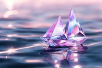 Luminous crystal sailboats floating on reflective water surface with pink and purple hues against dreamy sunset sky, creating magical atmosphere.