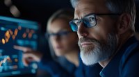 Mature businessman with gray beard and glasses analyzing financial data on digital screens in dark office environment with blue ambient lighting.