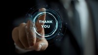 Businessman touching futuristic holographic thank you button on digital interface, concept of customer appreciation and gratitude in business communication.