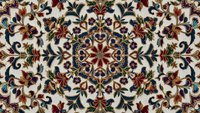 Ornate Persian carpet pattern with intricate floral motifs and geometric medallion center on cream background for luxury interior design projects.