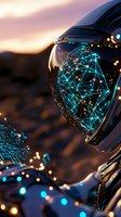 Futuristic astronaut helmet visor reflecting glowing network connections and digital constellation patterns against sunset sky, creating sci-fi atmosphere.