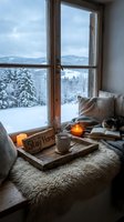 Cozy winter window seat with candles, hot drink, sleeping cat, and snowy landscape view, evoking hygge and stay home comfort.