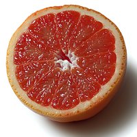 Fresh cut grapefruit half showing juicy pink flesh and white membrane segments on white background, macro view for food and healthy eating concepts.